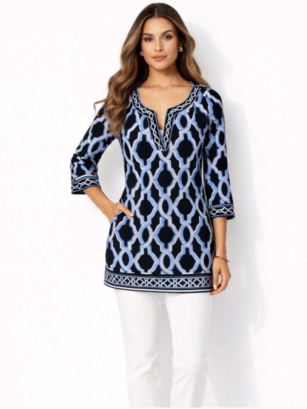 White House Black Market WHBM Blue Black Tunic Top Sz Small Geometric Print
